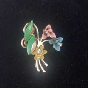 Vintage Yellow Green Pink Blue Rhinestone Enamel Flower Pin Brooch Gold Tone